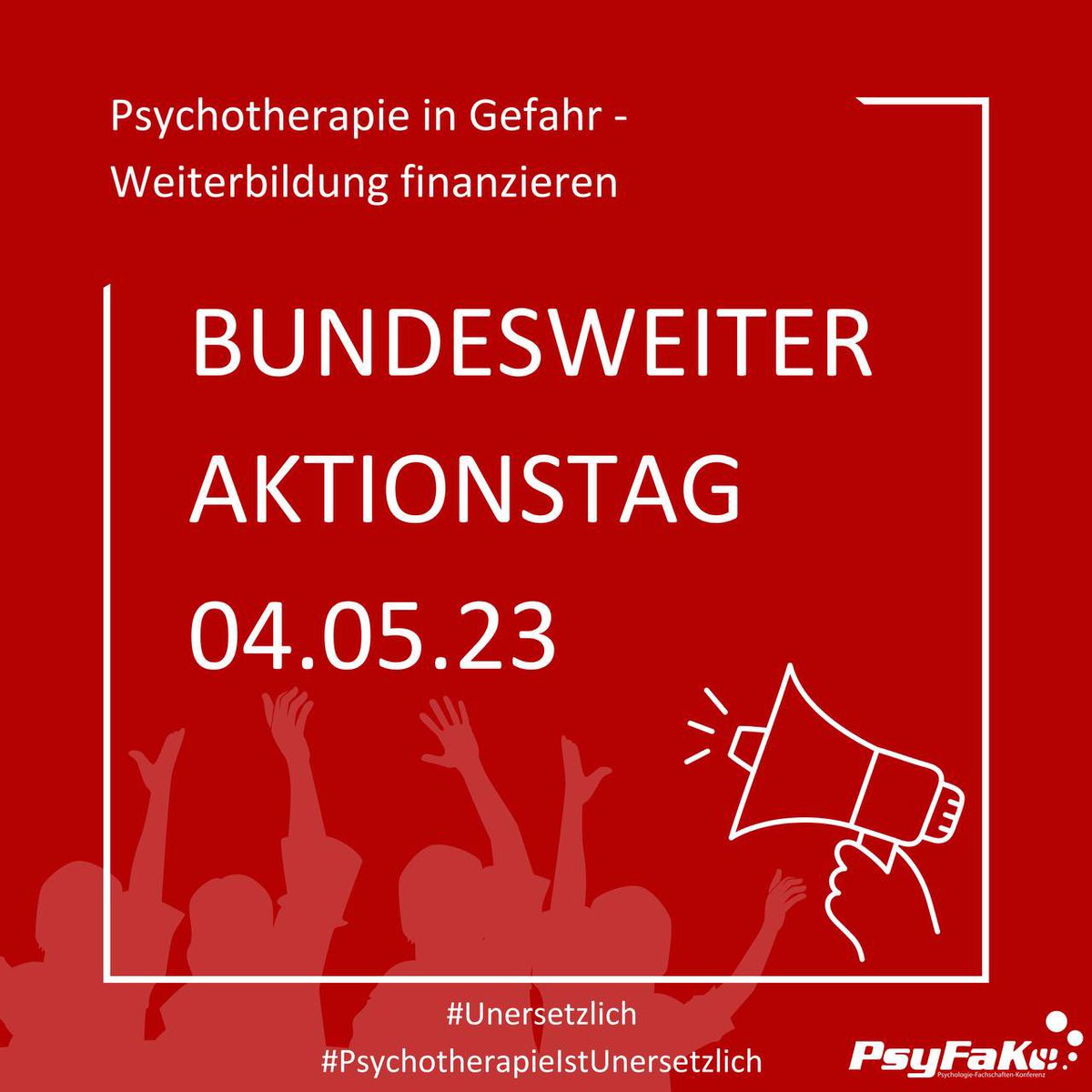 SAVE THE DATE
Am 04.05.2023 findet der bundesweite Aktions-Tag zum Thema „Psychotherapie in Gefahr – Finanzierung der Weiterbildung“ statt.
Es wird eine Demo in Berlin vor dem Gesundheitsministerium stattfinden, sowie Demos und weitere Aktionen an mehreren Orten in Deutschland.