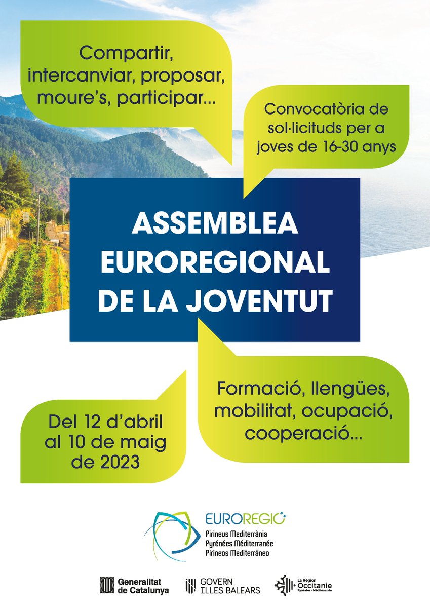 Euroregion's tweet photo. Ep! Et sumes a l'@aej_epm? Joves de tot el territori euroregional comparteixen idees per fer sentir la seva veu! Resideixes a les #IllesBalears o a #Catalunya? Envian's la teva candidatura https://t.co/xD8x0AlZ59
#cooperacio #euroregio #educacio #mobilitat #ocupacio #mediambient https://t.co/5ASSVfMon6