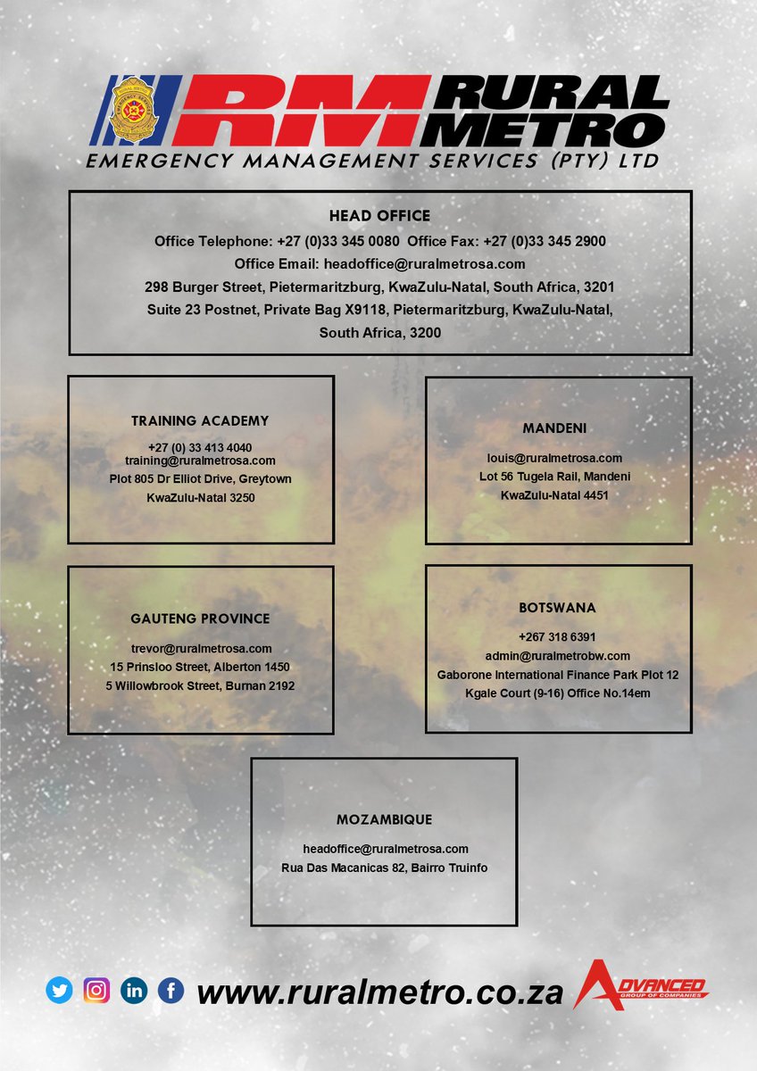 Rural Metro Emergency Management Services is the solution to all your fire, rescue, and emergency service needs in Africa. 
From firefighter training to fire rescue services and disaster management, we have you covered. 
 #RuralMetroEMS #emergencymanagement #committedtosafety