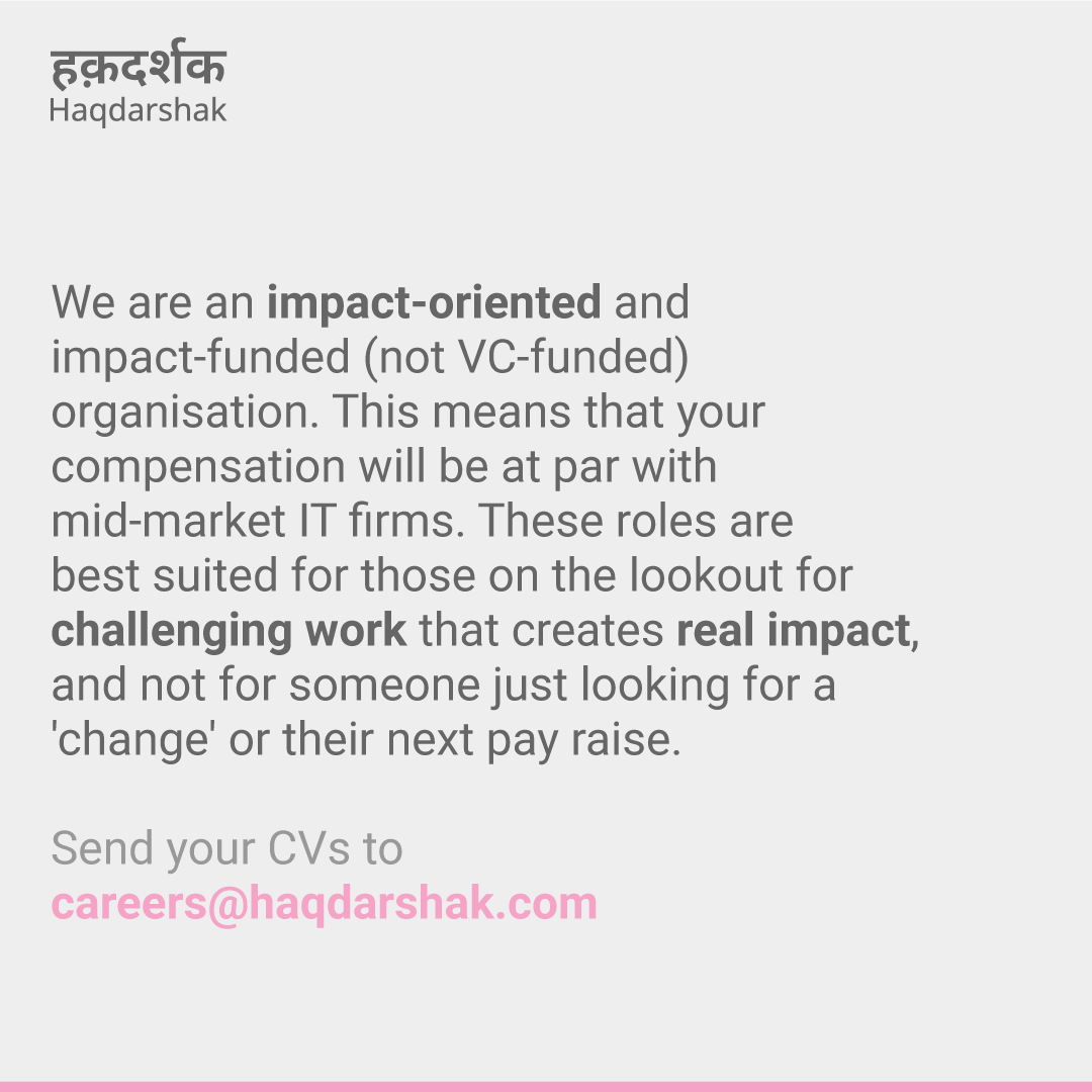 We’re levelling up! Check the positions below and send your CVs to careers@haqdarshak.com.

--
#careers #techjobs #impactjobs #haqdarshak #socialimpact #development #tech #data #governmentschemes #empowerment #lastmiledelivery #partnership #csr #ngo #philanthropy #msme