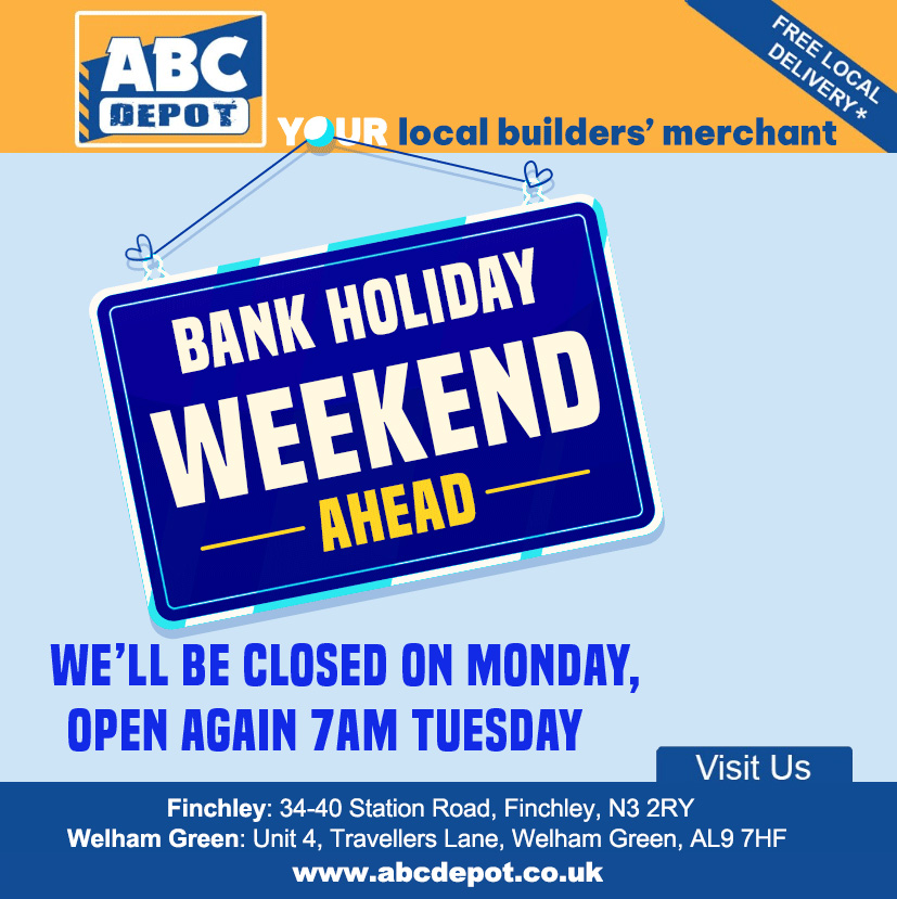 It's almost the #bankholiday weekend! Our #WelhamGreen &amp; #Finchley branches will be closed on Monday 1st May, but if you're in need of some last minute #buildingmaterials don't worry! We're open as usual all day today, and tomorrow 8am - 1pm. Then we'll be back at 7am Tuesday.