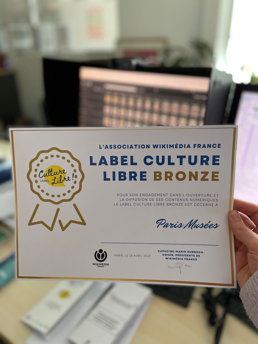 Merci @Wikimedia_Fr 👏 @parismusees obtient le label #CultureLibre niveau bronze🥉qui vient récompenser les efforts des équipes pour ouvrir les contenus culturels aux publics en ligne !

#OpenContent #OpenGlam