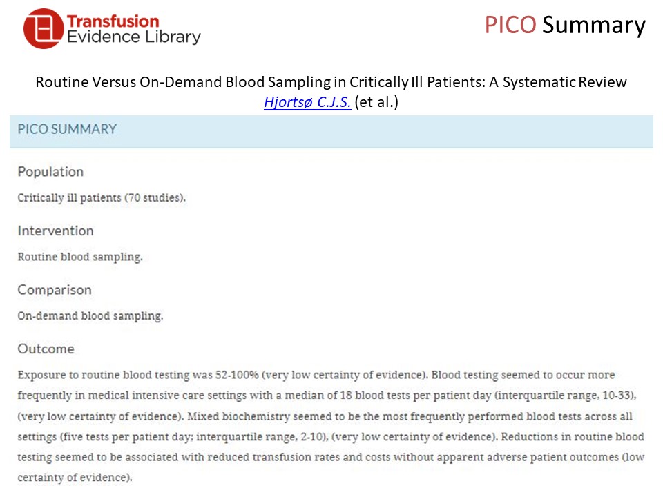 TransfusionLib's tweet image. From the #Transfusion Evidence Alert:

Routine Versus On-Demand #BloodSampling in #CriticallyIll Patients: A #SystematicReview
by Hjortsø et al.
transfusionevidencelibrary.com/alerts/article…