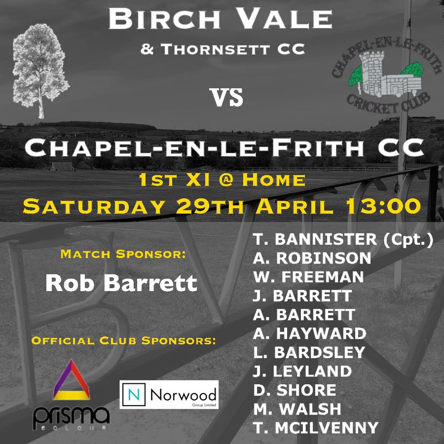 Birch Vale & Thornsett Cricket Club (@birchvaletcc) on Twitter photo This weekend’s team to open our 2023 Derbyshire & Cheshire Cricket League Season -
📆Saturday 29th April
⏰13:00
🆚Chapel en le Frith Cricket Club
📍Home
🤝Match Sponsor - Rob Barrett
#UpTheVale | <a href="/dandccl/">CWC Derbyshire & Cheshire Cricket League</a> This weekend’s team to open our 2023 Derbyshire & Cheshire Cricket League Season -
📆Saturday 29th April
⏰13:00
🆚Chapel en le Frith Cricket Club
📍Home
🤝Match Sponsor - Rob Barrett
#UpTheVale | <a href="/dandccl/">CWC Derbyshire & Cheshire Cricket League</a>