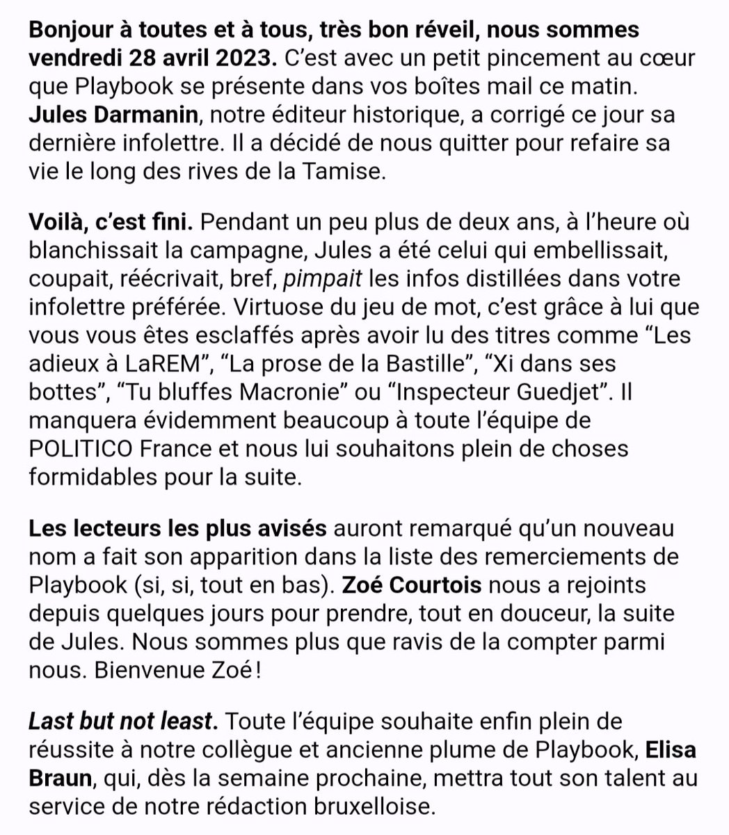 C'était officiellement la der de @JulesDrmnn, ce matin 🥹. Petit hommage et passage de témoin avec @zo_courtois (à qui l'on souhaite de nouveaux la bienvenue 💫) dans #Playbook ce matin politico.eu/newsletter/pla…