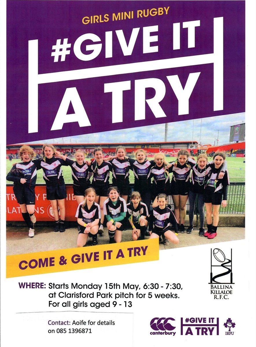 @BallinaKillalo1 are running an introduction to girls rugby for 5weeks in Clarisford for girls aged 9 to 13. Come join the fun and make friends for life. @MunsterWomen @Munsterrugby #giveitatry