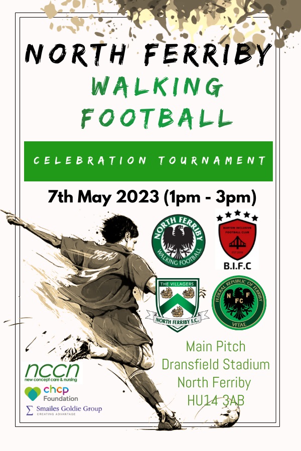 We're delighted to welcome <a href="/barton_club/">Barton Inclusive Football Club</a> <a href="/north_ferribyfc/">North Ferriby F.C</a> Development Team and <a href="/VFTAE/">North Ferriby Fanzine</a>  to the Celebration Tournament on the main pitch at the Dransfield Stadium on 7th May 2023 (1pm to 3pm). As always thanks to our sponsors nccn.org.uk <a href="/CHCPHull/">CHCP CIC</a> @SmailesGoldie