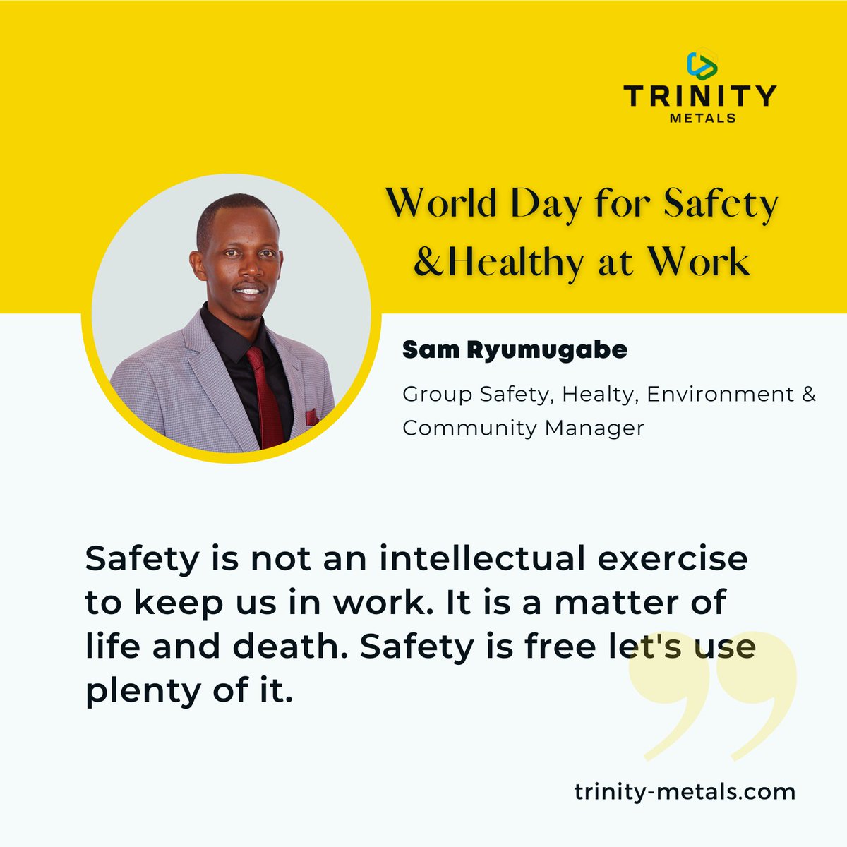 Today is the World Day for Safety and Health at Work.  At Trinity Metals Group, we take Health and Safety seriously, we believe that every employee should go back home safely to their families every day.
#WorldDayforSafetyandHealthAtWork#safetyfirst #trinitymetalsgroup