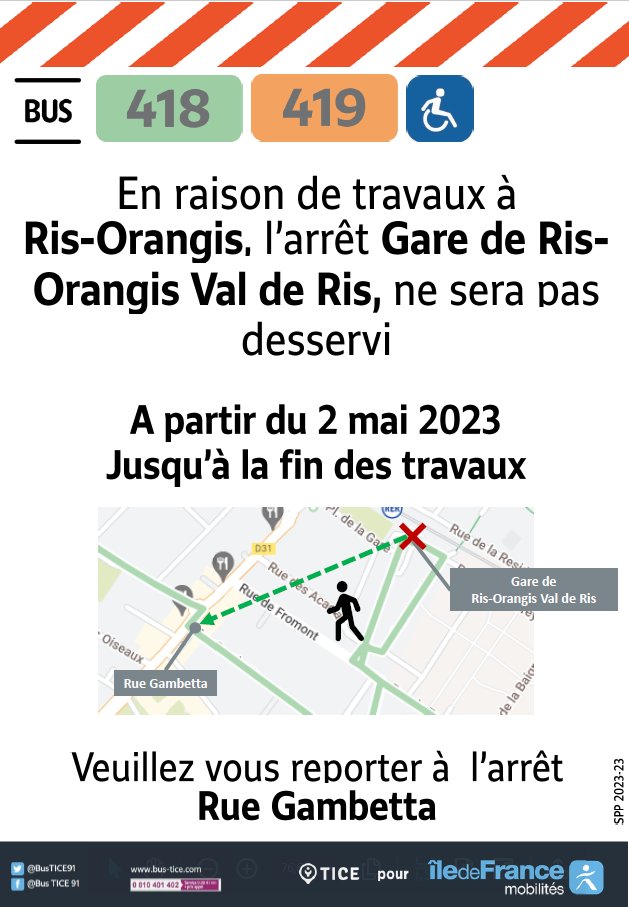 EvryEss_IDFM's tweet image. #InfoTrafic A partir du 2 mai 2023, la gare de Ris-Orangis Val de Ris ne pourra plus être desservie en raison de travaux par les lignes #bus407, #bus418 et #bus419.