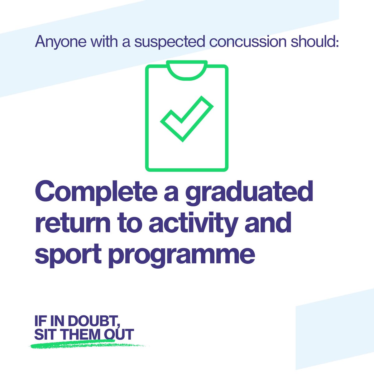 Concussion recovery time varies and everyone is unique in their recovery duration.

Generally, a short period of relative rest followed by a gradual return to normal life and, ultimately, sport is the aim.

Follow these steps to reduce the risks.

#IfInDoubtSitThemOut