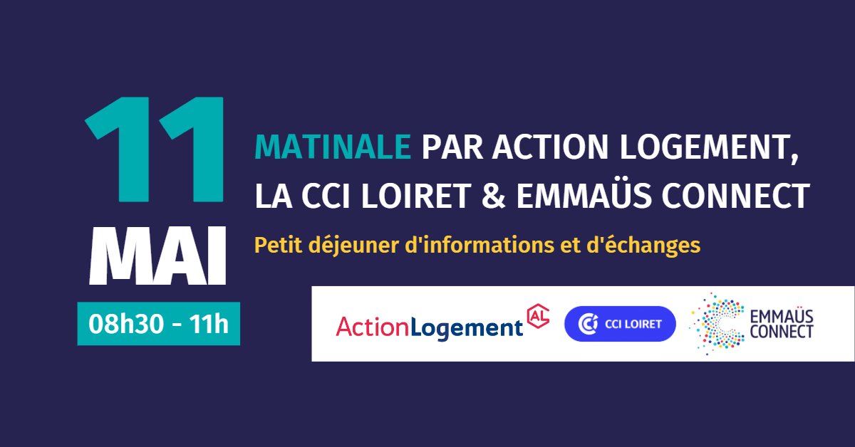 Loirétain.e.s, RDV le 11/05  de 8h30 à 11h00 pour une matinale avec <a href="/ActionLogement/">Action Logement</a> et la <a href="/CCILoiret/">CCI Loiret</a> ! 🤝

Ce sera l'occasion de parler de de réemploi numérique solidaire et d'accompagnement vers le numérique. 💻

Inscriptions par ici 🔗 relationclient.actionlogement.fr/NP6/formulaire…