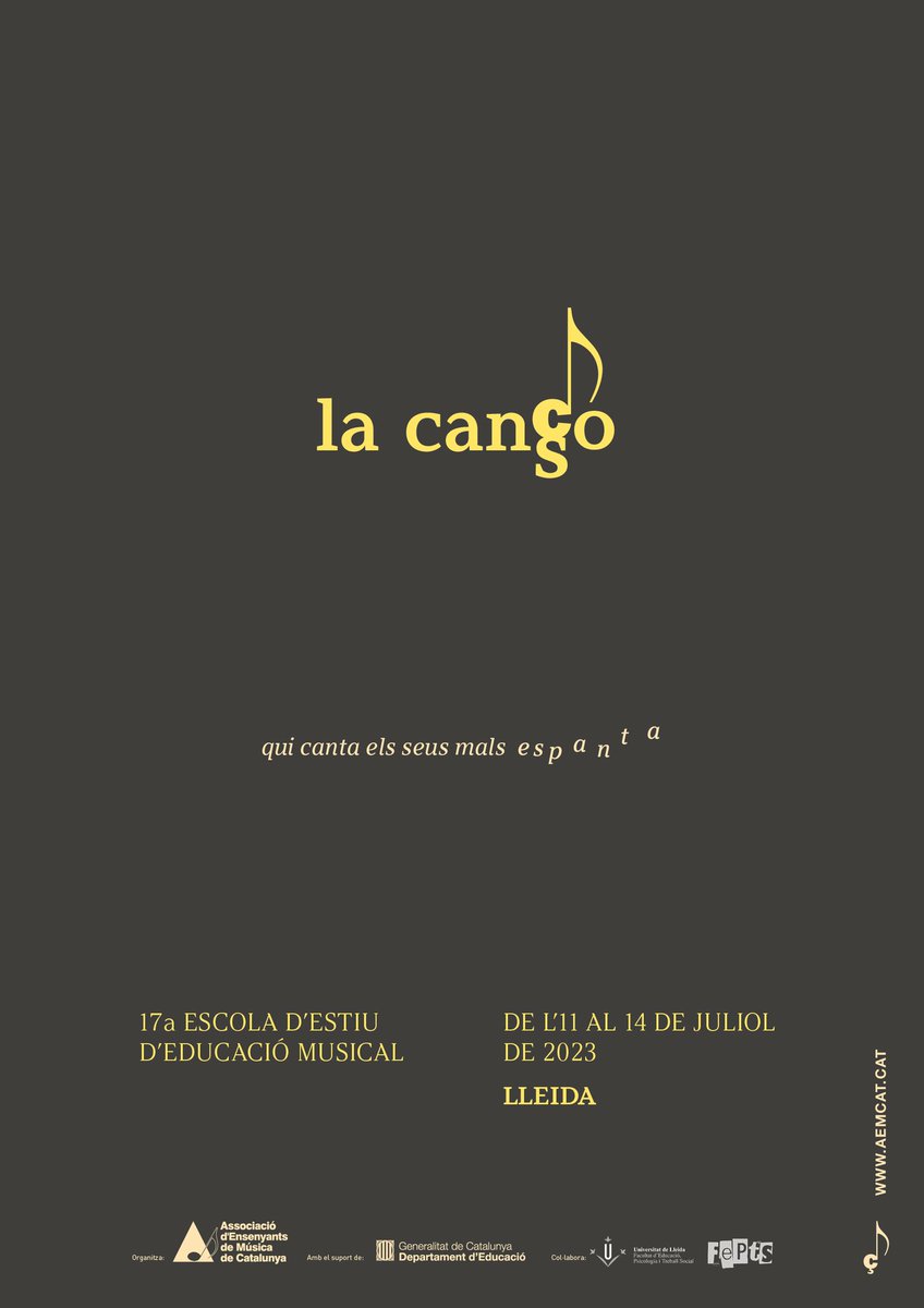 Associació AEMCAT (@aemcat_cat) on Twitter photo Obertes les inscripcions per a socis i sòcies a la 17a Escola d'estiu d'educació musical. Enguany, a la <a href="/FEPTS_UdL/">Facultat Educació,Psicologia,Treball S. de la UdL</a> de la <a href="/paerialleida/">Ajuntament de Lleida</a>, gaudirem de quatre dies amb grans propostes formatives. T'ho perdràs?
Més informació a aemcat.cat
<a href="/CRPSegria/">CRP del Segrià</a> <a href="/educaciocat/">Educació</a> Obertes les inscripcions per a socis i sòcies a la 17a Escola d'estiu d'educació musical. Enguany, a la <a href="/FEPTS_UdL/">Facultat Educació,Psicologia,Treball S. de la UdL</a> de la <a href="/paerialleida/">Ajuntament de Lleida</a>, gaudirem de quatre dies amb grans propostes formatives. T'ho perdràs?
Més informació a aemcat.cat
<a href="/CRPSegria/">CRP del Segrià</a> <a href="/educaciocat/">Educació</a>