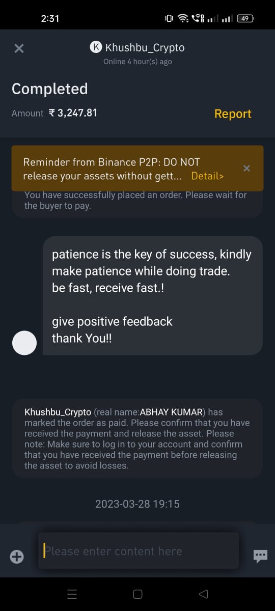 DhawanArun's tweet photo. This message is regarding the P2P Scam in Crypto Market please beware from this Person (ABHAY KUMAR from Uttarakhand) made a false complaint against me and my bank account has been frozen by Cyber Security (UPI: abhaydutt2@ybl) his nick name on Binance is Khushbu_Crypto https://t.co/o4cIZrZDc8
