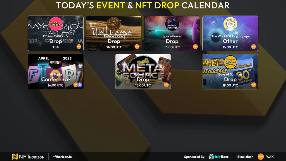 nfthorizon_io's tweet photo. 📅WAX Blockchain Apr 28 Calendar

Upvote💛 your favorite events!

(UTC)
04:00 @FuturesRelic FREE Pack
16:00 @Spacepowerio Free Crystal Pack
16:00 @apppllleee_pie Whitelist Ends
16:00 @thenftopia NFTopia Metaverse Event
18:00 @MetasourceGames Drop
19:00 @BoysofSummer92 Pack Drop
TBA @FunnyNFTGuy Dildicon Promo Sticker Drop
