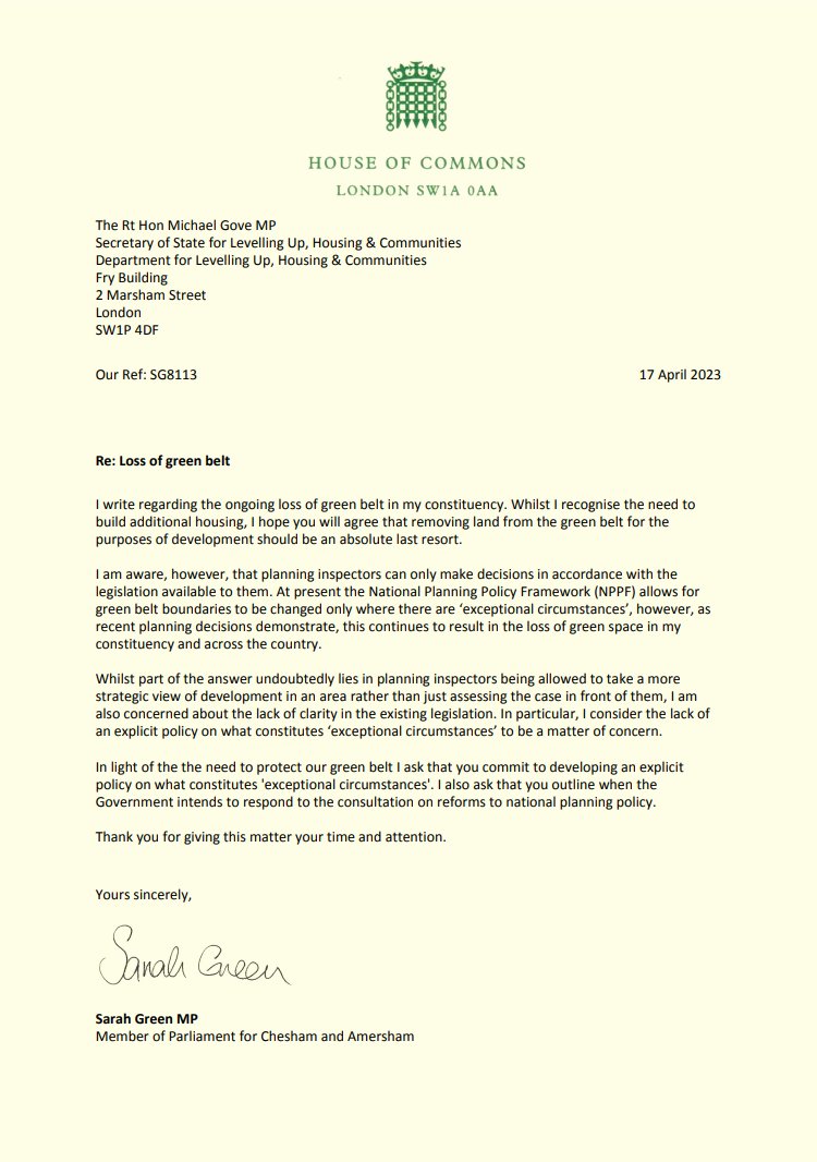 SarahGreenLD's tweet photo. Last week I wrote to the Secretary of State urging him to provide an explicit definition of the 'exceptional circumstances' under which land may be removed from the green belt.

I share residents' concerns that the lack of a definition has too often put our green belt at risk. https://t.co/WsmARRVVlN