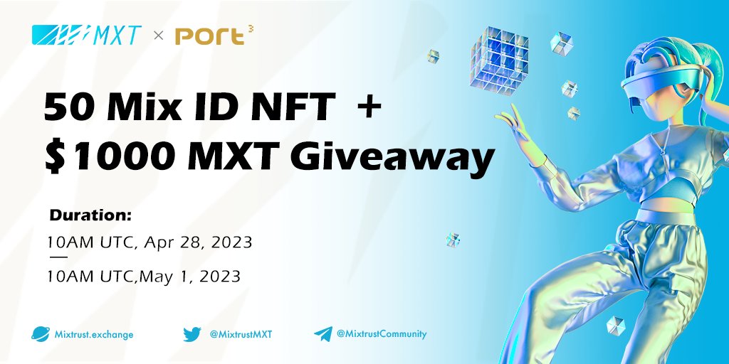 MixtrustMXT's tweet photo. MixtrustMXT  x Port3 Network 🤝

⏰10AM UTC, Apr 28, 2023 - May 1, 2023

How to :
✅Follow @MixtrustMXT  &amp; @Port3Network
✅Quote tweet #MXT &amp; Like 
✅Complete the tasks👉https://t.co/hHeNN4OcfN

🎁
✅50 exclusive Mix ID NFT
✅$1000 worth of MXT token

#DID #Crypto #Bitcoin #Port3 https://t.co/XhIkHb9JBw