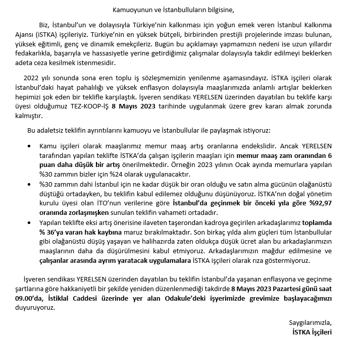 İstanbul Kalkınma Ajansı (İSTKA) çalışanları olarak 8 Mayıs 2023 tarihinde greve çıkıyoruz. Konuyla ilgili basın açıklamamız ektedir.