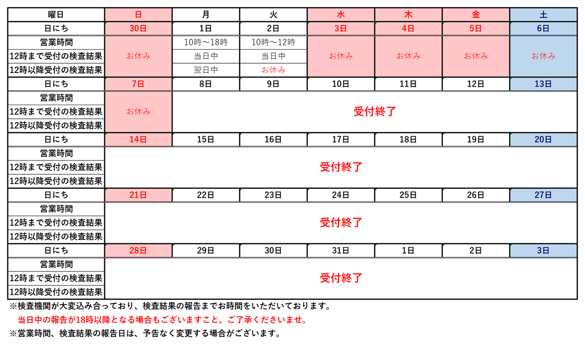 prevent_pcr's tweet photo. 当検査センターの無料PCR検査の今後の日程となります。 当検査センターのPCR検査は #全国旅行支援 、#ただい���東京プラス の陰性証明としてご利用いただけます。 なお、5月2日(火)は普段の営業とは異なり、12時に終了いたします。 #無料PCR検査 #日本橋 #小舟町 #人形町 https://t.co/ZbQzmrrw5W