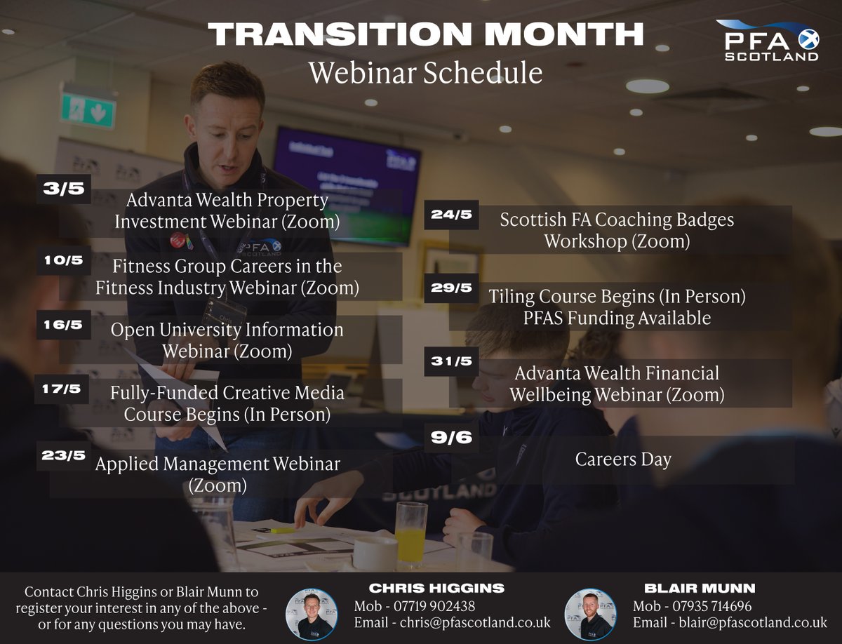 Transition Month begins - this is for members thinking about other career paths/skills/vocations alongside and after football. See below a schedule of events in May - contact <a href="/ChrisPFAS/">Chris Higgins</a> or @BlairPFAS for more details and learn more here - bit.ly/3NtsD7Y