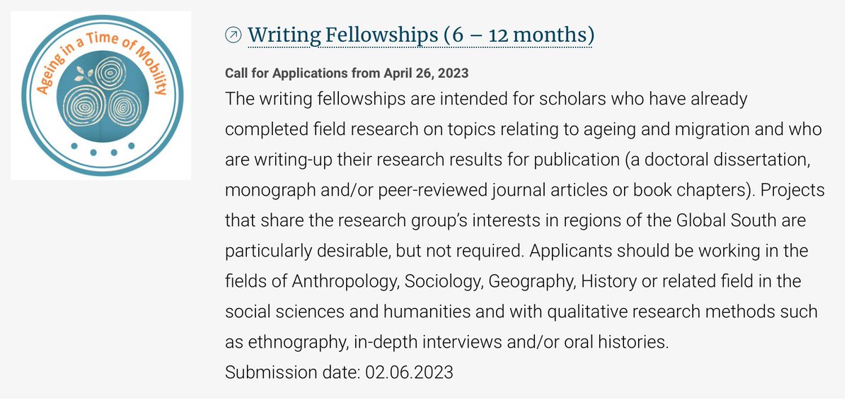 Are you working on a book project or finishing up your PhD dissertation on themes relating to #ageing, #migration, and #mobilities? Consider applying for a writing fellowship with our research group in Göttingen. More details here: mmg.mpg.de/1071150/2023-0… @mpimmg