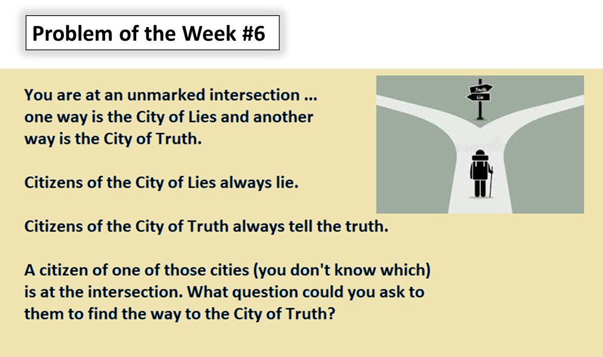 MathsStanwell's tweet photo. Last one of the term - let's test your logic! What is the best question to ask to get to the City of Truth? Email your answers to Miss Lee for a chance to win a prize! Deadline for entries : Friday 26 May
#Problemoftheweek #MathsStanwell #StanwellSchool https://t.co/ctxZpc4uDo