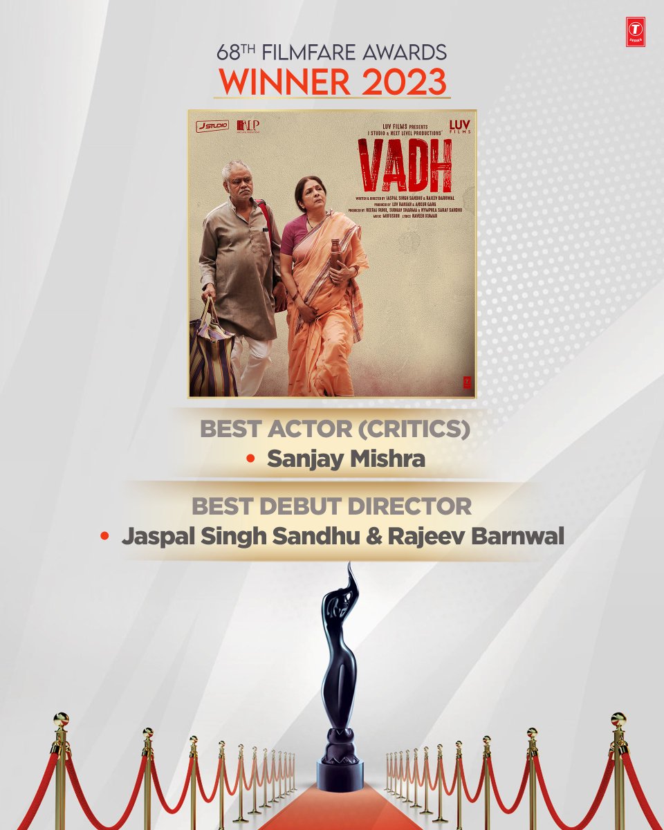 T-Series (@tseries) on Twitter photo Congratulations to <a href="/imsanjaimishra/">Sanjay Mishra</a>, <a href="/J_Studio_/">Jaspal Singh Sandhu</a>and #RajeevBarnwal on triumphing Best Actor (Critics) and Best Debut Director Awards for #Vadh at #Hyundaifilmfareawards 2023.🎊
<a href="/imsanjaimishra/">Sanjay Mishra</a> <a href="/Neenagupta001/">Neena Gupta</a> #SaurabhSachdeva <a href="/manavvij786/">manavvij</a> @J_Studio_ #RajeevBarnwal <a href="/luv_ranjan/">Luv Ranjan</a> Congratulations to <a href="/imsanjaimishra/">Sanjay Mishra</a>, <a href="/J_Studio_/">Jaspal Singh Sandhu</a>and #RajeevBarnwal on triumphing Best Actor (Critics) and Best Debut Director Awards for #Vadh at #Hyundaifilmfareawards 2023.🎊
<a href="/imsanjaimishra/">Sanjay Mishra</a> <a href="/Neenagupta001/">Neena Gupta</a> #SaurabhSachdeva <a href="/manavvij786/">manavvij</a> @J_Studio_ #RajeevBarnwal <a href="/luv_ranjan/">Luv Ranjan</a>