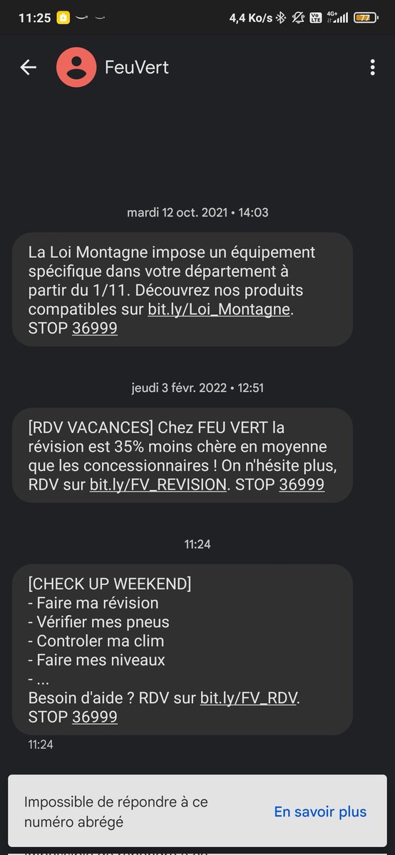 Faut faire quoi <a href="/feuvert_fr/">Feu Vert</a> pour arrêter de recevoir vos messages ? Parce que STOP au 36999 ça fonctionne pas....
