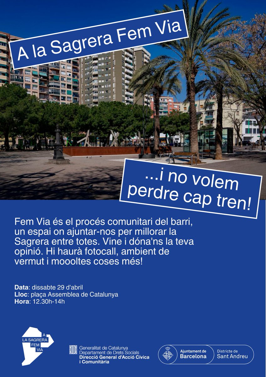 Espai Jove Garcilaso (@ejgarcilaso) on Twitter photo A #LaSagreraFemVia anunciem la nostra primera activitat pública en el marc de les <a href="/FesteslaSagrera/">Festes de la Sagrera</a>
📆 29/04
📍 Pl. Assemblea de Catalunya
⏰ 12.30-14h
Vine i dóna'ns la teva opinió sobre el barri. Hi haurà fotocall, ambient de vermut i moooltes coses més! A #LaSagreraFemVia anunciem la nostra primera activitat pública en el marc de les <a href="/FesteslaSagrera/">Festes de la Sagrera</a>
📆 29/04
📍 Pl. Assemblea de Catalunya
⏰ 12.30-14h
Vine i dóna'ns la teva opinió sobre el barri. Hi haurà fotocall, ambient de vermut i moooltes coses més!