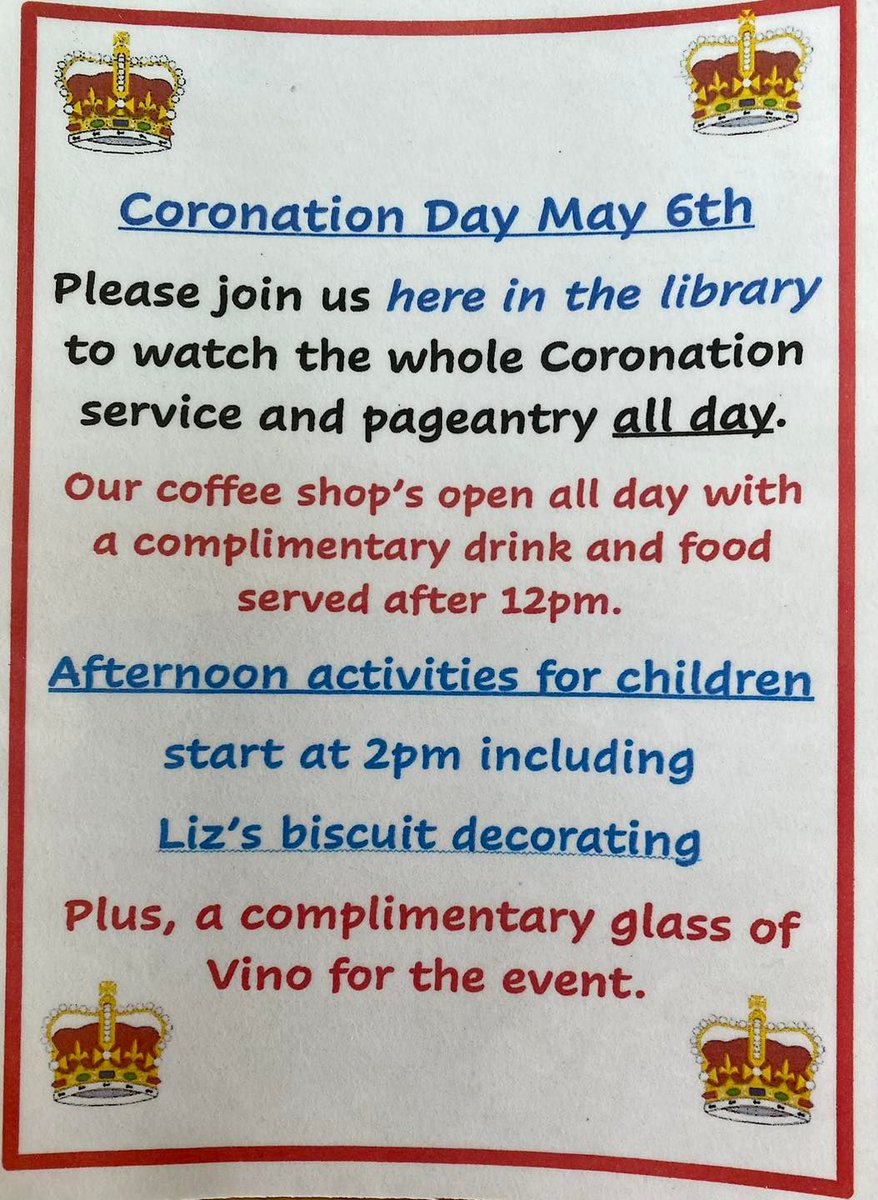 Please come and join us at Shenstone Library  to celebrate the Coronation 🇬🇧 on the 6th May. 

Free glass of wine
Children's activities
Coffee shop open all day

We would love to see you there 🥳🥂🎉

#Coronation