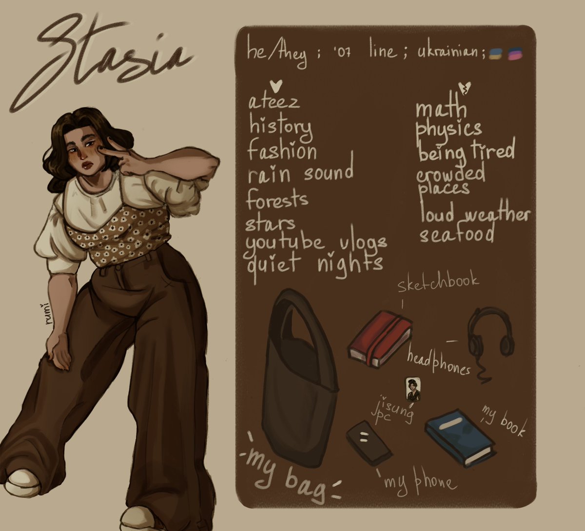 meet the artist!

привіт, я стася і я 16-річний художник з донеччини. на даний момент я переважно малюю по кпоп фандомам, особливо ateez, stray kids та (g)i-dle. більше інформації про мене ви знайдете в моєму каррді rumiqva.carrd.co 
буду радий новим читачам і навіть м'ю!