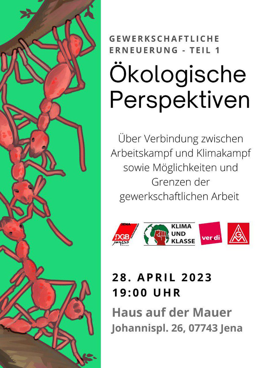 Wir sind heute 19 Uhr in Jena eingeladen, um über die Verbindung von Klima- und Arbeitskampf zu diskutieren. Es wird u.a. auch um den politischen Streik gehen. Wird spannend!! Kommt also vorbei