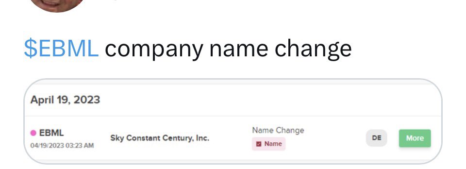 InHisHandsAlone's tweet image. $EBML 0042 name changed to Sky Constant Century out of HONG KONG 52 week high is 0519 CHINESE #CHINAStock #LowFloat company looking to invest in Artificial intelligence, Blockchain, and IOT.. Good luck  $TOP