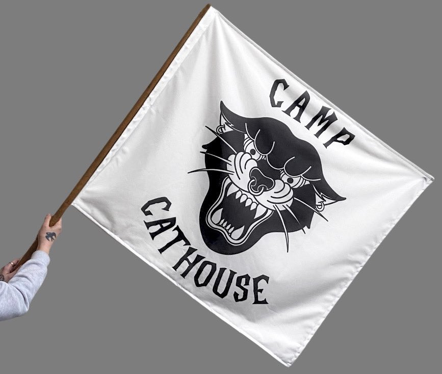 CathouseGlasgow's tweet photo. 🚨NEW MERCH ANNOUNCEMENT🚨

Festival season is FINALLY almost upon us! 😎

Y'know what would make your campsite (or your garden tbh) look even better? 
A "Camp Cathouse" festival flag! 🏴 🏳

Extremely limited - only 15 of each colour available.
On sale NOW - l1nks in thread ⬇️ https://t.co/pNfoLsOvPt