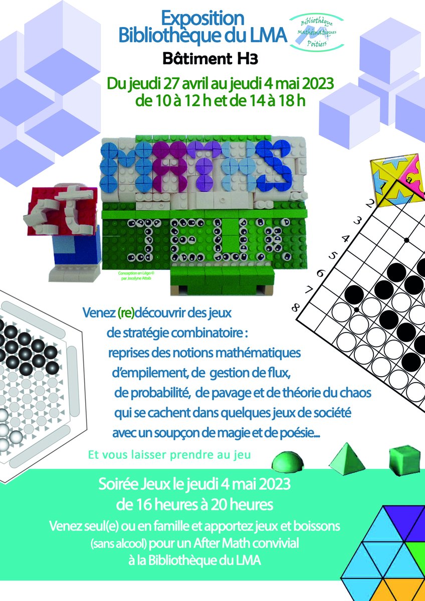 [Maths et Jeux] 

Actuellement une exposition "Maths et Jeux" est présente à la bibliothèque du <a href="/LMAPoitiers/">LMA_Poitiers</a> 🤩

Vous avez jusqu'au 4 mai prochain pour la découvrir, alors n'hésitez pas à venir en famille pour vous amuser 🎲