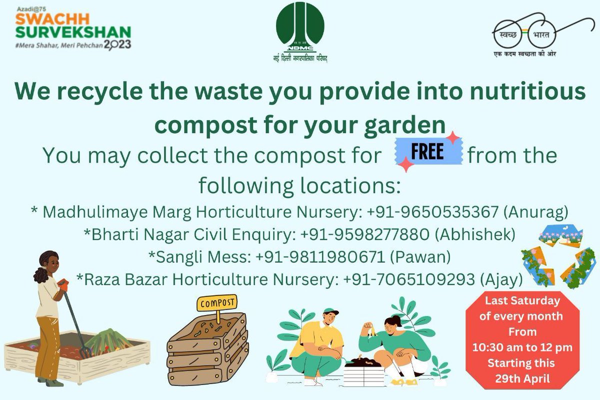 tweetndmc's tweet photo. Secretary #NDMC will distribute compost to RWAs & citizens of NDMC area at Madhu Limaye Marg Horticulture nursery on 29th April, 2023 at 9:30AM.
You can get free compost. The details in the poster below👇
#G20India
#swachhsurvekshan2023
#BanonSingleUsePlastic
@DeepaAthlete https://t.co/ls9ztadWlW