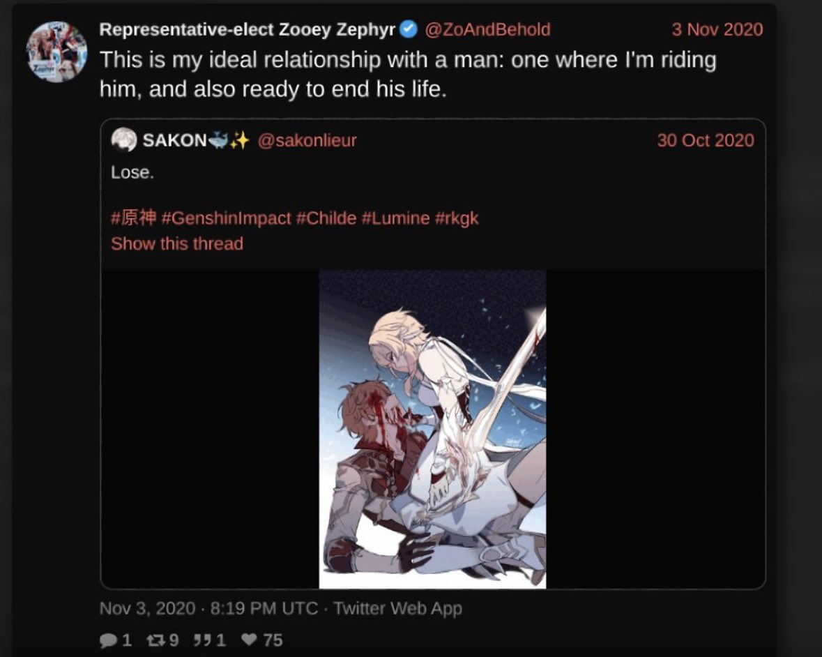 OliLondonTV's tweet photo. Montana Transgender Rep. Zoeey Zephyr EXPOSED for shocking past: 

“This is my ideal relationship with a man: one where I’m riding him, and also ready to end his life.” 

The old tweet was accompanied with a Lolita anime cartoon, typically a form of sexual anime where minors are depicted engaging in intercourse. 

Source and full exose: @jeremycarl4