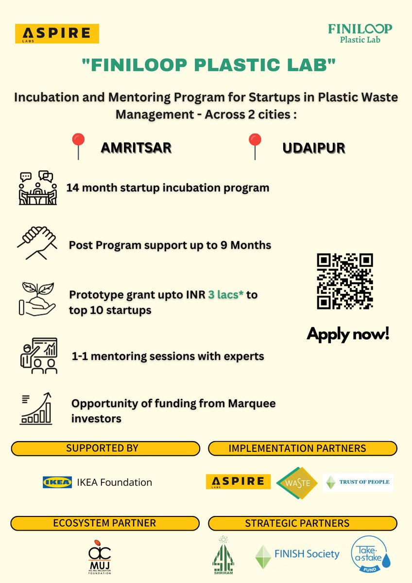 aicmuj's tweet photo. It is a 14-month long incubation program to support plastic waste entrepreneurs and startups from across the country and the selected ones will get an opportunity to Udaipur and Amritsar. https://t.co/2zmPwbYW9S