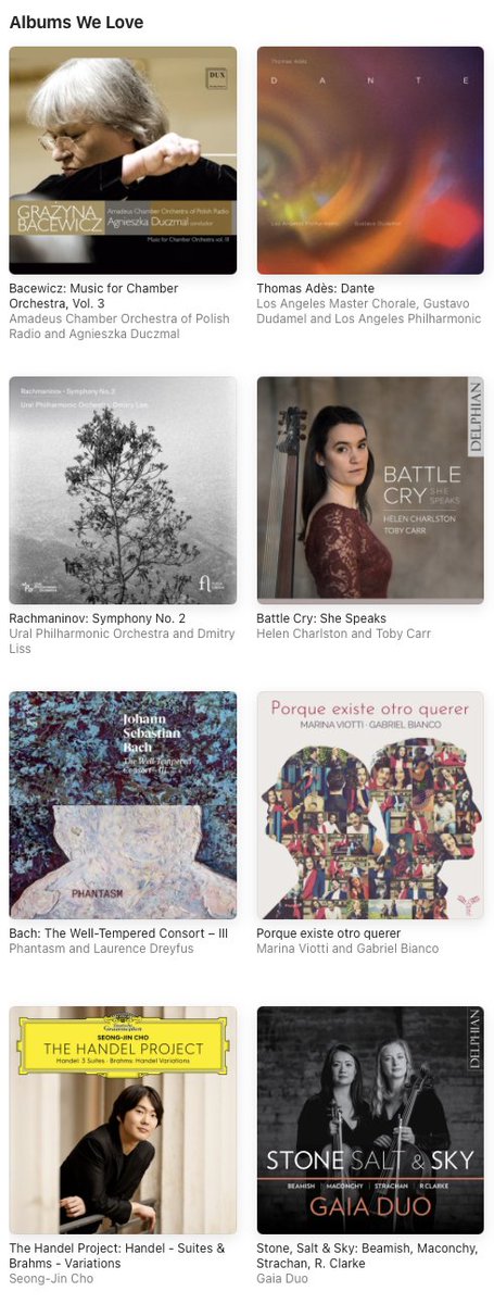 Oh you beauties @AppleMusic - thank you for featuring @helencharlston's 'Battle Cry' AND @katrinaleevln @AliceAllenCello's 'Stone, Salt & Sky' in 'Albums we Love' 🥰 🍏 

 In some great company too, @phantasmviol  @GustavoDudamel @SeongJinCho @DreyfusLaurence
