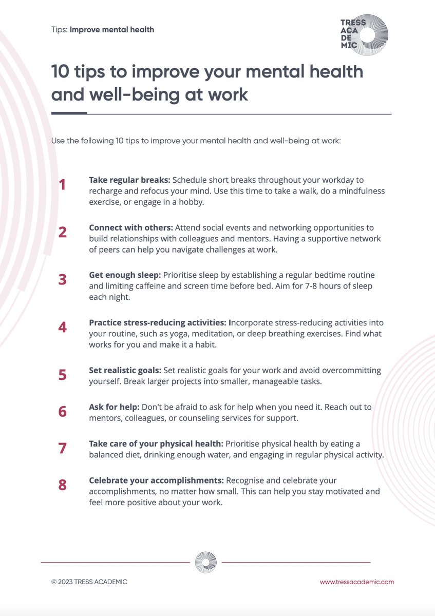 TressAcademic's tweet photo. 10 tips to improve your mental health and well-being at work.
From: #SmartAcademicsBlog post no. 140
👉 https://t.co/raHpbBTBoq
#mentalhealth #academiclife @Momademia @LuisaBorrell @PostPhDRoad @thepostdoctoral @THINKAcademia https://t.co/kq4BRsqnnG