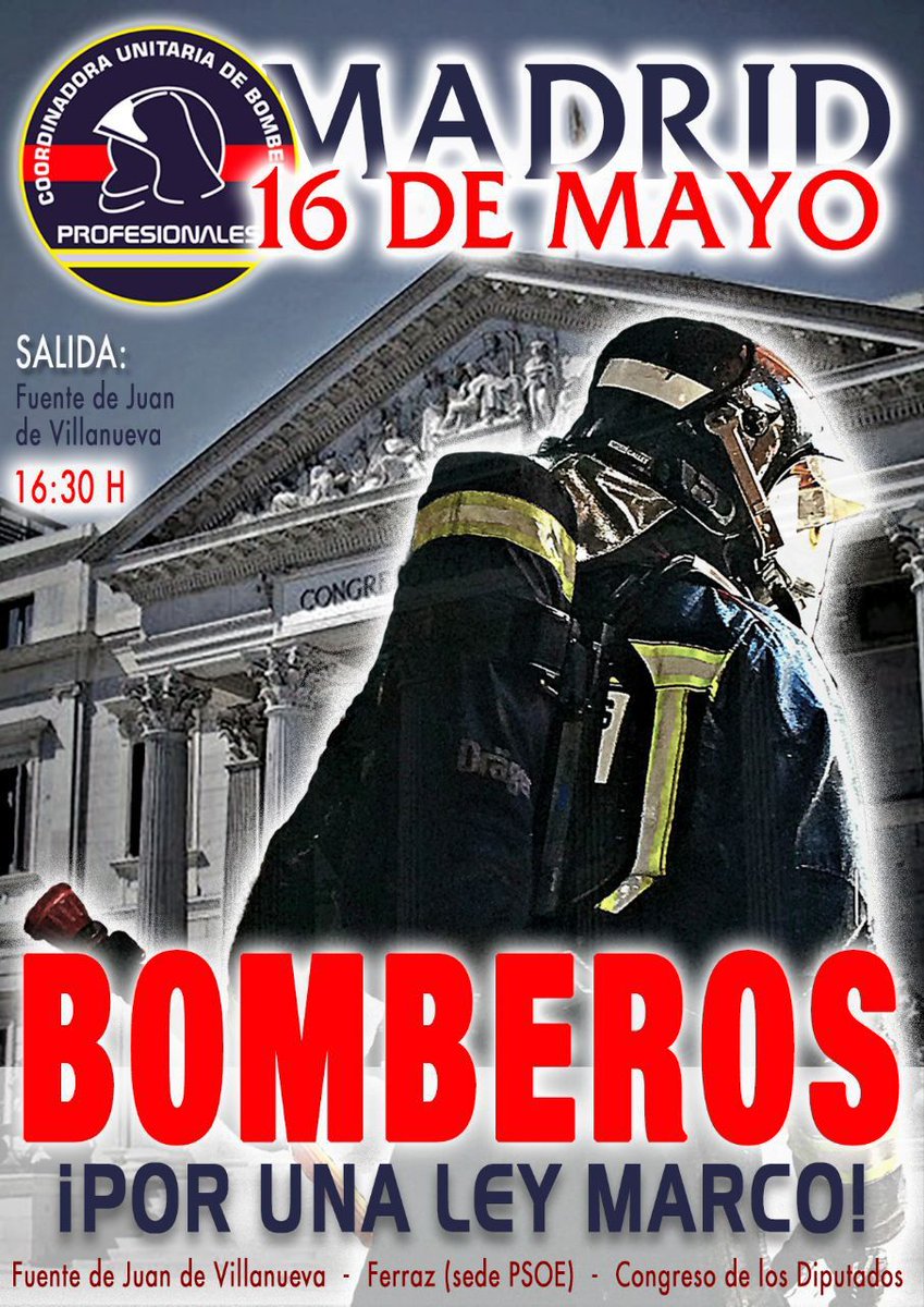 📢 Ya tenemos recorrido y cartel oficial para la manifestación del día 16 de mayo en Madrid

📍 Os esperamos a las 16:30 en la Fuente de Juan de Villanueva, dentro del Parque del Oeste 
#SOSLeyBomberos