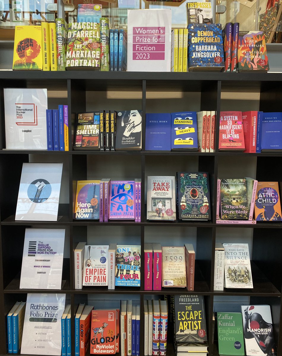 Keep your eyes on the prize…

Check out our display at the front of the shop where we have the nominees from the longlists and shortlists of the @WomensPrize, International @TheBookerPrizes, @jhalakprize, @BGPrize and @RathbonesFolio awards.