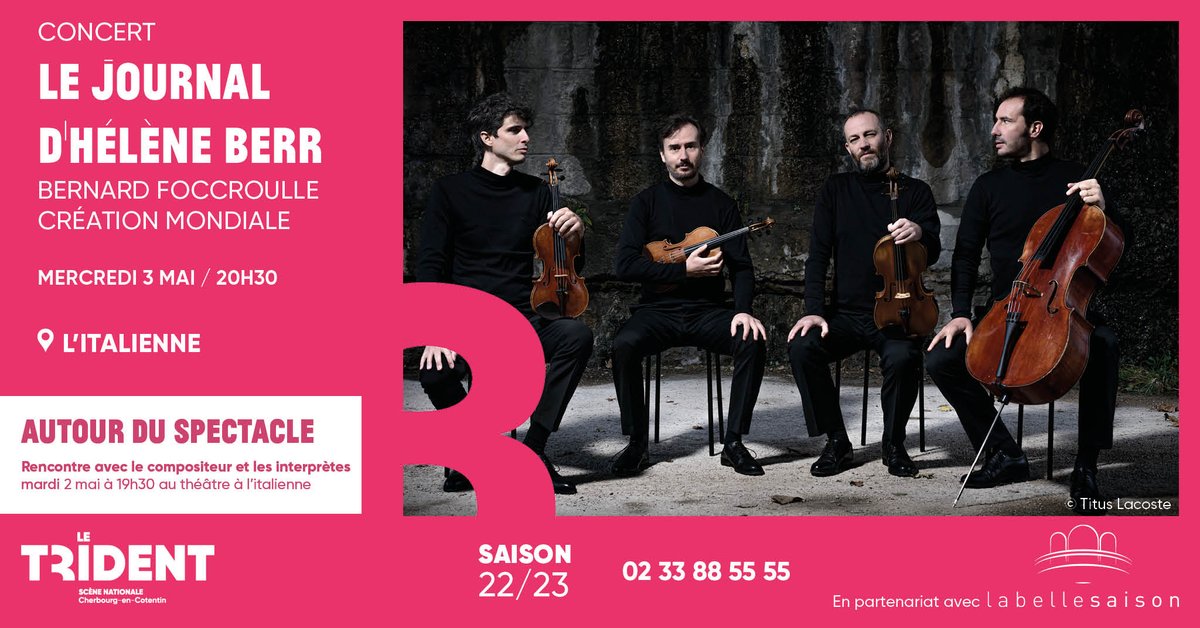 A découvrir en avant-première ! Le Journal d’Hélène Berr, écrit par l’étudiante déportée à Auschwitz a bouleversé le compositeur Bernard Foccroulle. Il écrit alors une forme lyrique pour voix, piano et quatuor à cordes.
Rendez-vous le 3 mai  !
En partenariat avec <a href="/La_Belle_Saison/">La Belle Saison</a>