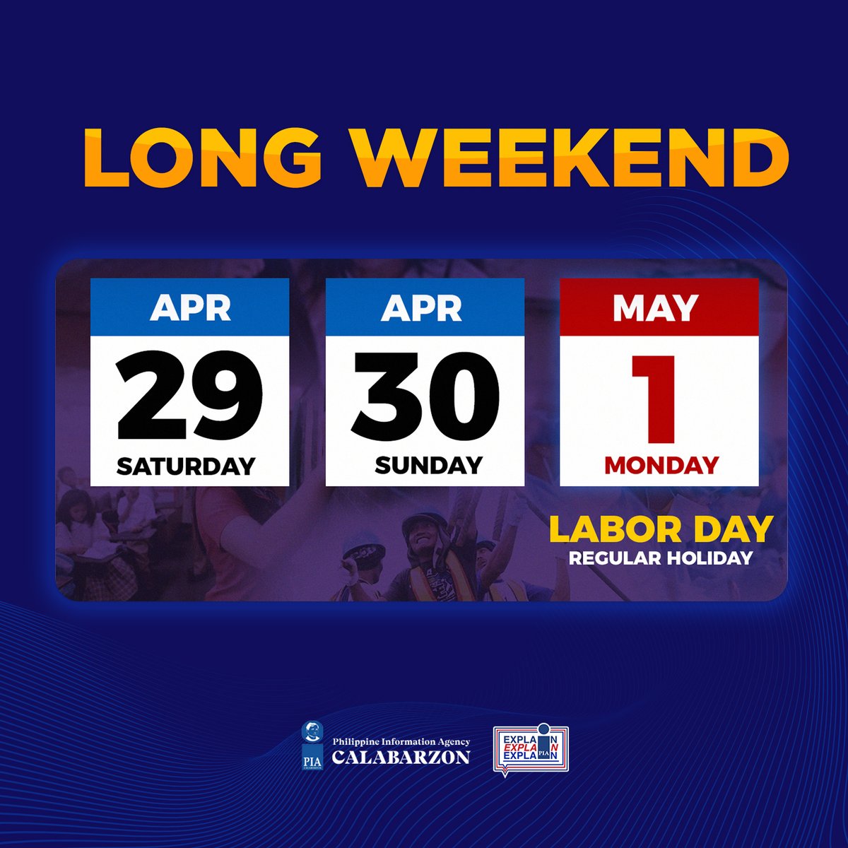 piagovph4a's tweet photo. HAPPY LONG WEEKEND! 🤭 

Idineklarang regular holiday ang Mayo 1, 2023 (Lunes) bilang pagdiriwang sa Labor Day o Araw ng mga Manggagawang Pilipino, alinsunod sa Proclamation No. 90. 

Mabuhay ang Manggagawang Pilipino! 

#ExplainExplainExplain https://t.co/SCSOMZqkG0