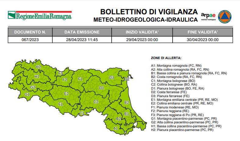 #BollettinoVigilanzaER VERDE nessuna allerta dalle 00:00 del 29/04/2023 alle 00:00 del 30/04/2023 ➡️bit.ly/3LdFMiP