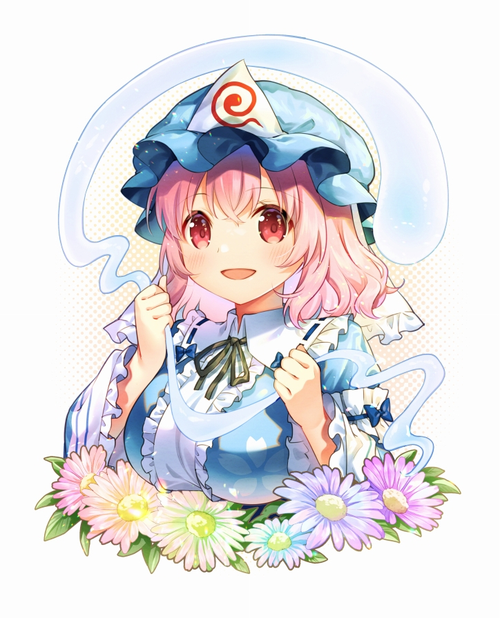 saigyouji yuyuko 1girl pink hair solo hat mob cap flower triangular headpiece  illustration images