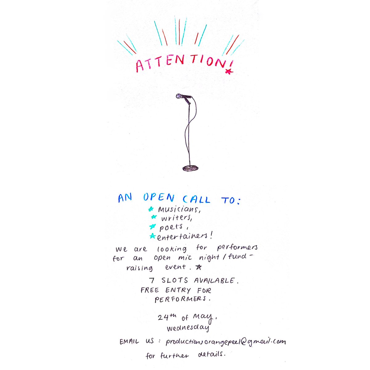 Open mic night we are having on the 24th OF MAY. writers, poets, artists, comedians, WHOEVER YA ARE. we need you!! 

7 SLOTS AVAILABLE, FREE ENTRY TO THE EVENT IF YOU PERFORM!!!

Venue to be announced closer to the date!!! Keep your eyes peeled….Orange Peel’d, that is.🍊👀🫦🤩
