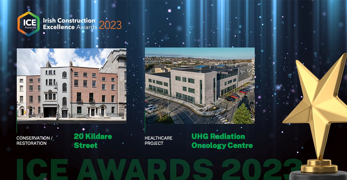 johnpaulconst's tweet photo. Our teams enjoyed a fantastic evening at @theICEAwards.  We are delighted to have walked away with 2 awards on the night – Healthcare Award for the Radiation Oncology Centre at UHG, and the Conservation / Restoration Award for the landmark 20 Kildare St.
#GoFurtherBuildSmarter https://t.co/jkhsRKIWnX