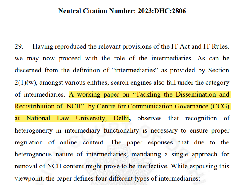 CCGNLUD's tweet image. We’re very happy to share that the Delhi High Court has cited and relied on the conceptual frameworks we developed in our Working Paper on Non-consensual Intimate Images (NCII).