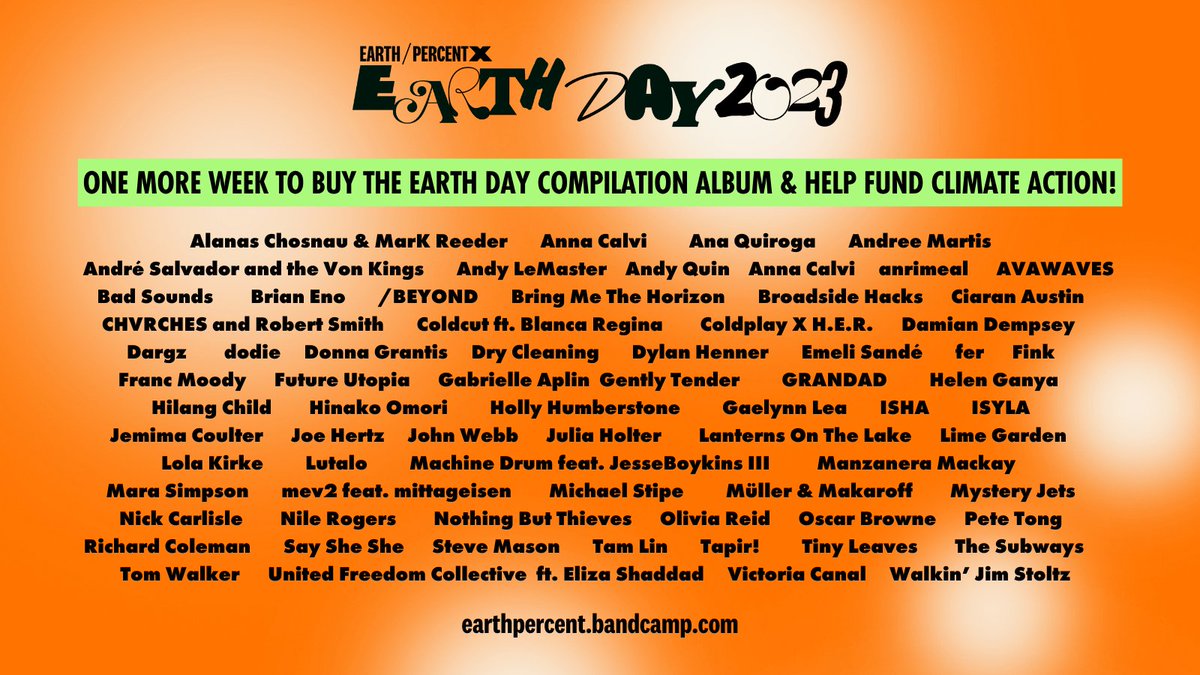 '2039 (EarthPercent Mix)' is still avail. to buy in the @earthpercentorg x Earth Day Compilation Album on Bandcamp! 💚

Help raise money for climate solutions by buying the album feat. music from 60+ other artists. It’s a win-win!

earthpercent.bandcamp.com/album/earthper…

#EarthPercentEarthDay