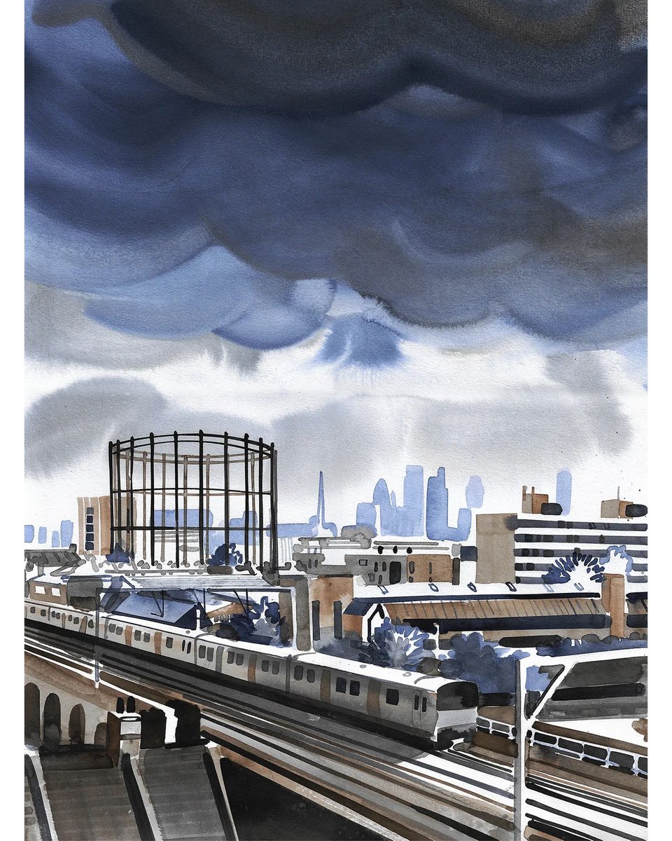 Ben Pearce (@albionworks) captured our iconic view from the roof beautifully with this brooding watercolour.⁠

#london #eastlondon #hackney #localartists #rooftops #tfl #transportforlondon #cityscape #londonfields #netilhouse #dalston #londonlife #marestreet #train #watercolour
